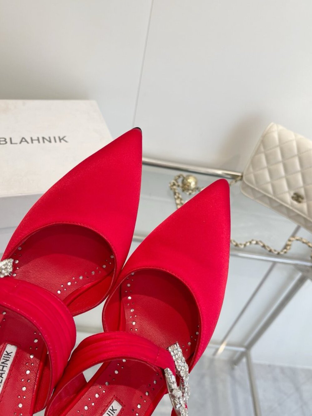 Manolo Blahnik Crystal Embellished Red Satin Pointed-Toe Mules - Picture 9 of 10